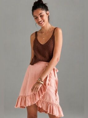 Pilcro Anthropologie Blush Pink Wrap Ruffle Skirt Large Boho Fringe Hem Mini